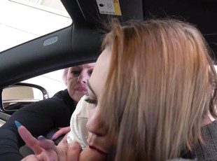 FFM threesome in POV video in the car with Bianca and Bambi S