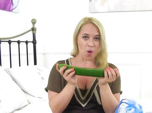 Solo blonde mom tries huge cucumber in restless XXX