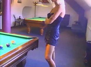 Slim blonde fucked furiously by two pricks at the billiard club.